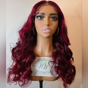 Burgundy With Red Highlight Bouncy Curly Human Hair Wig